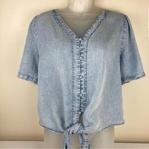 Jane & Delancy Light Blue Stone Wash Denim Front Tie Top Large